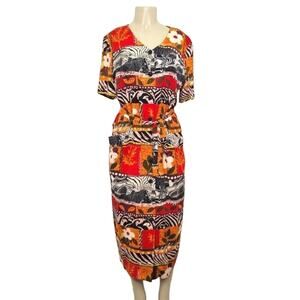Vintage WNY Womens Size 14 Orange & Black Patterned Short Sleeve Belted Dress